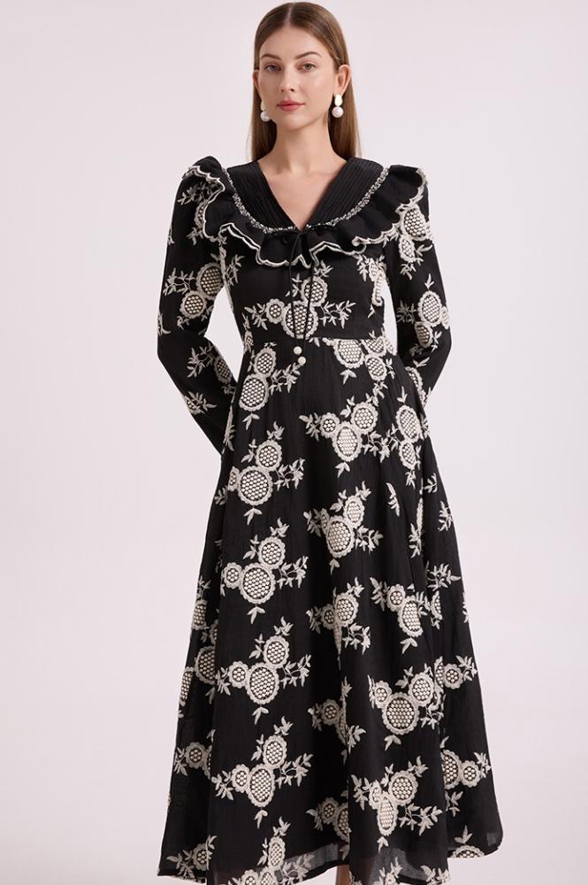 Chiffon Embroidered Ruffle Midi Dress