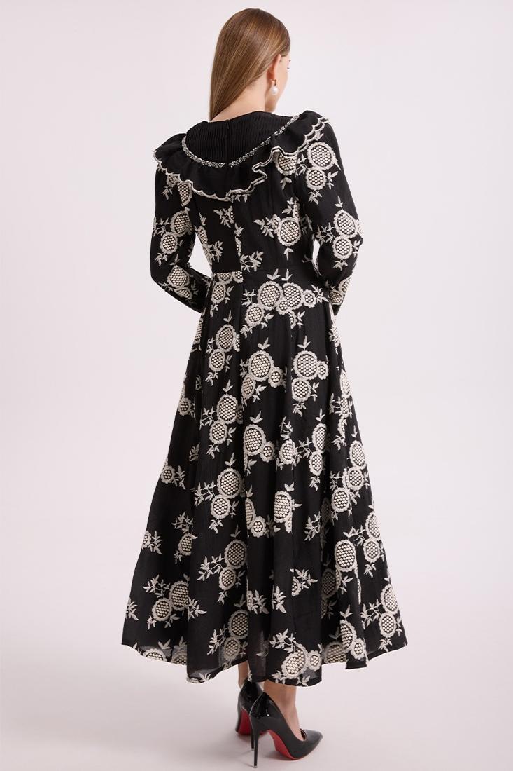 Chiffon Embroidered Ruffle Midi Dress