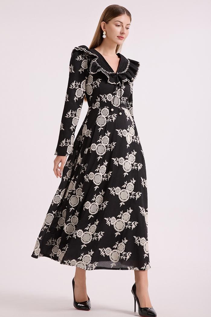 Chiffon Embroidered Ruffle Midi Dress
