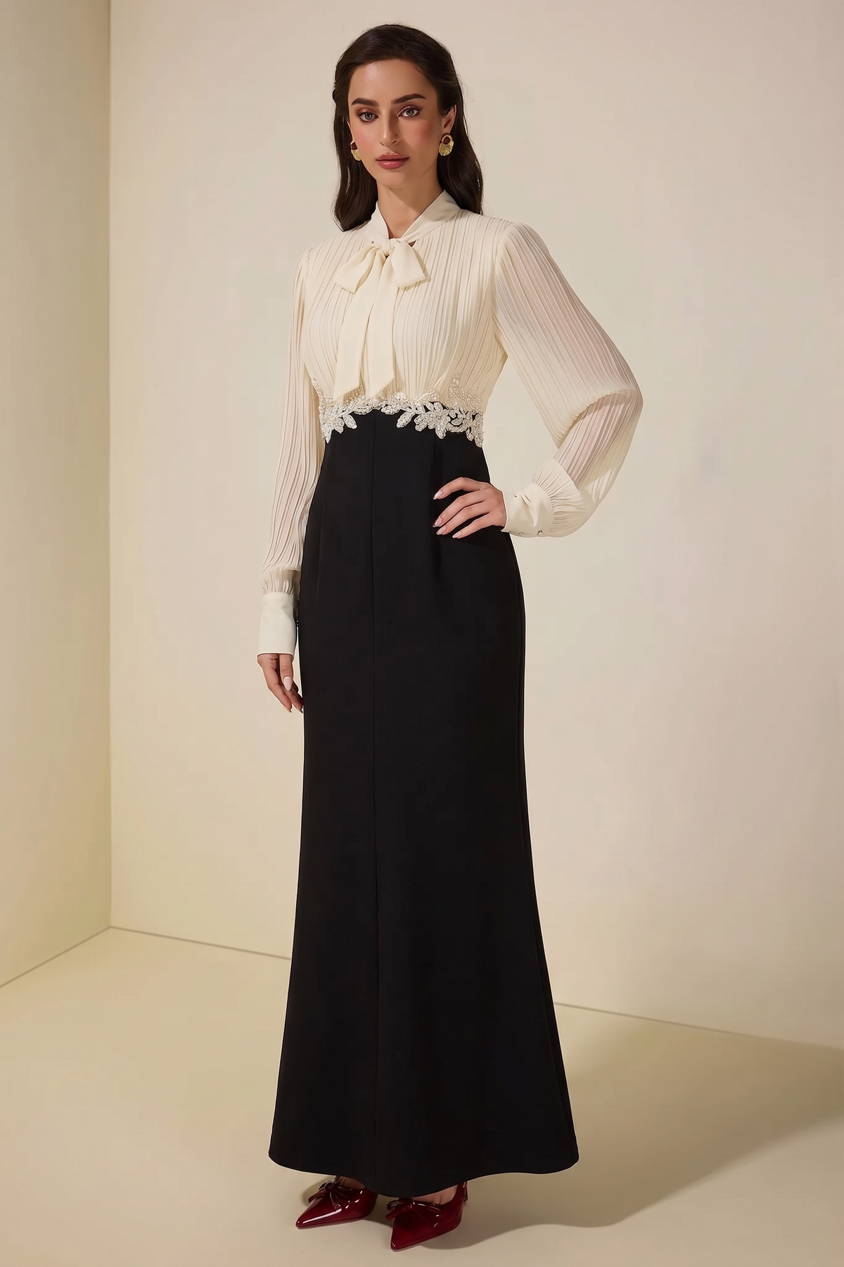 Chiffon Pleated Rivet Maxi Dress