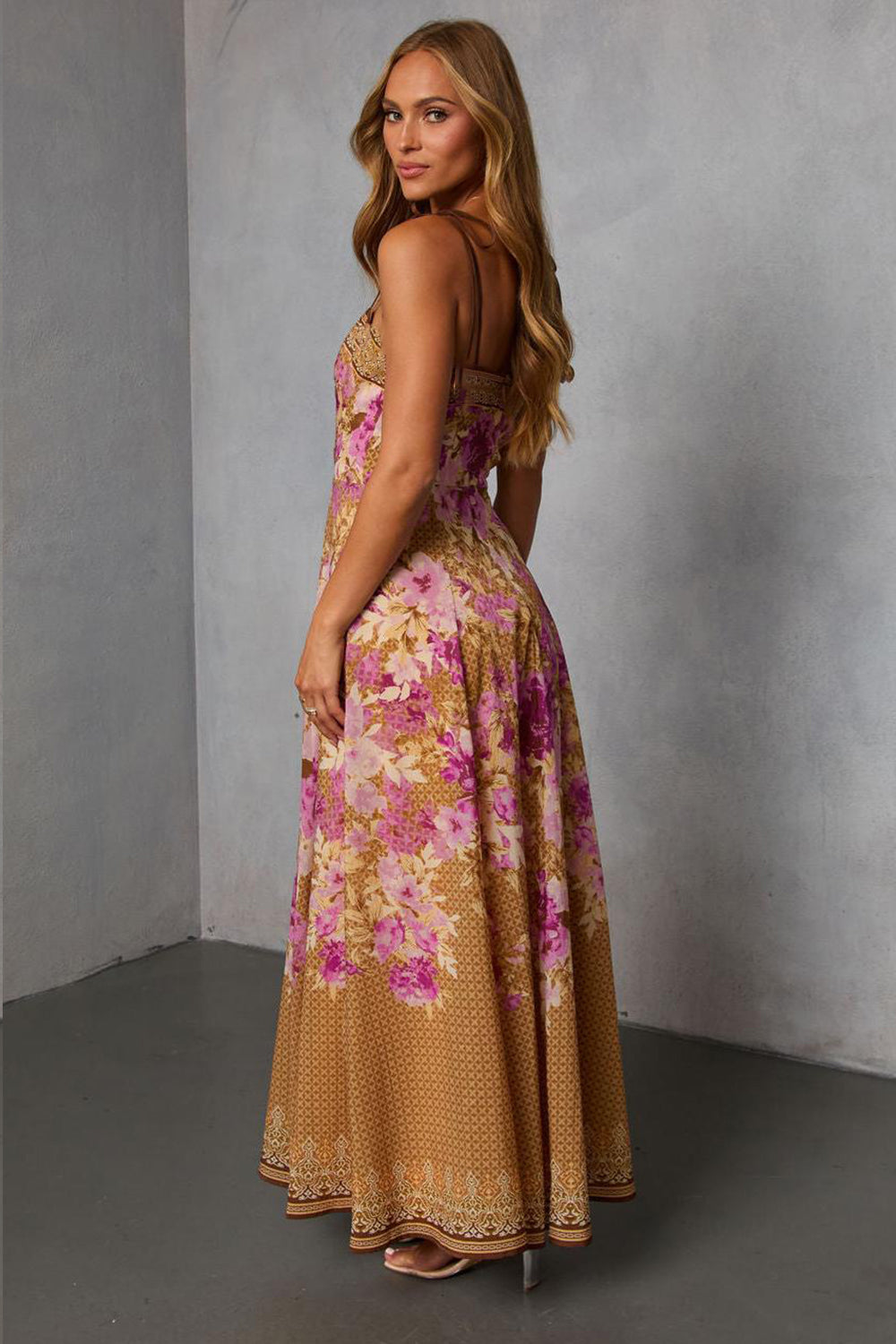 Floral Lace-Up Slip Midi Dress