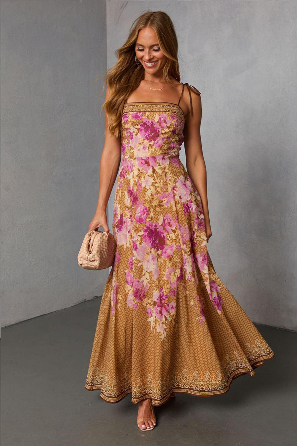 Floral Lace-Up Slip Midi Dress
