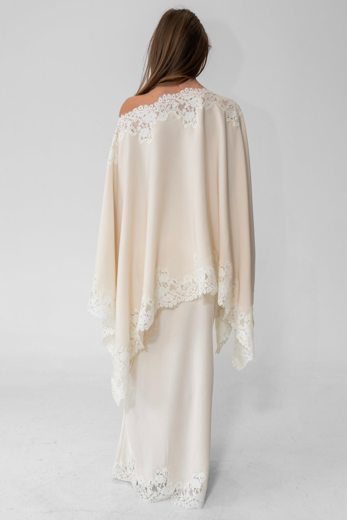 Satin Lace One Shoulder Cape & Maxi Skirt Set