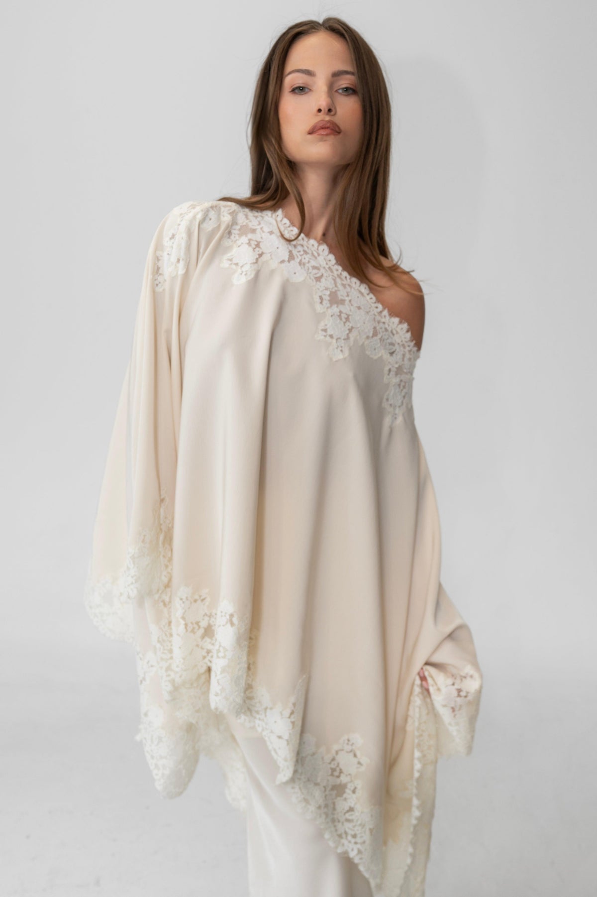 Satin Lace One Shoulder Cape & Maxi Skirt Set