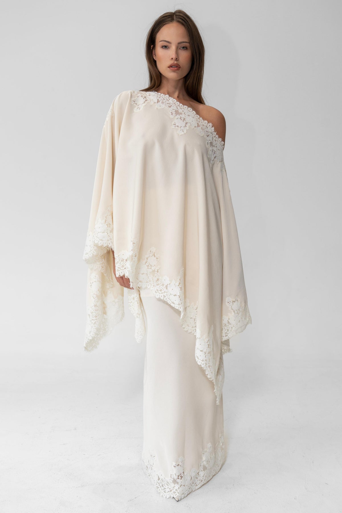 Satin Lace One Shoulder Cape & Maxi Skirt Set