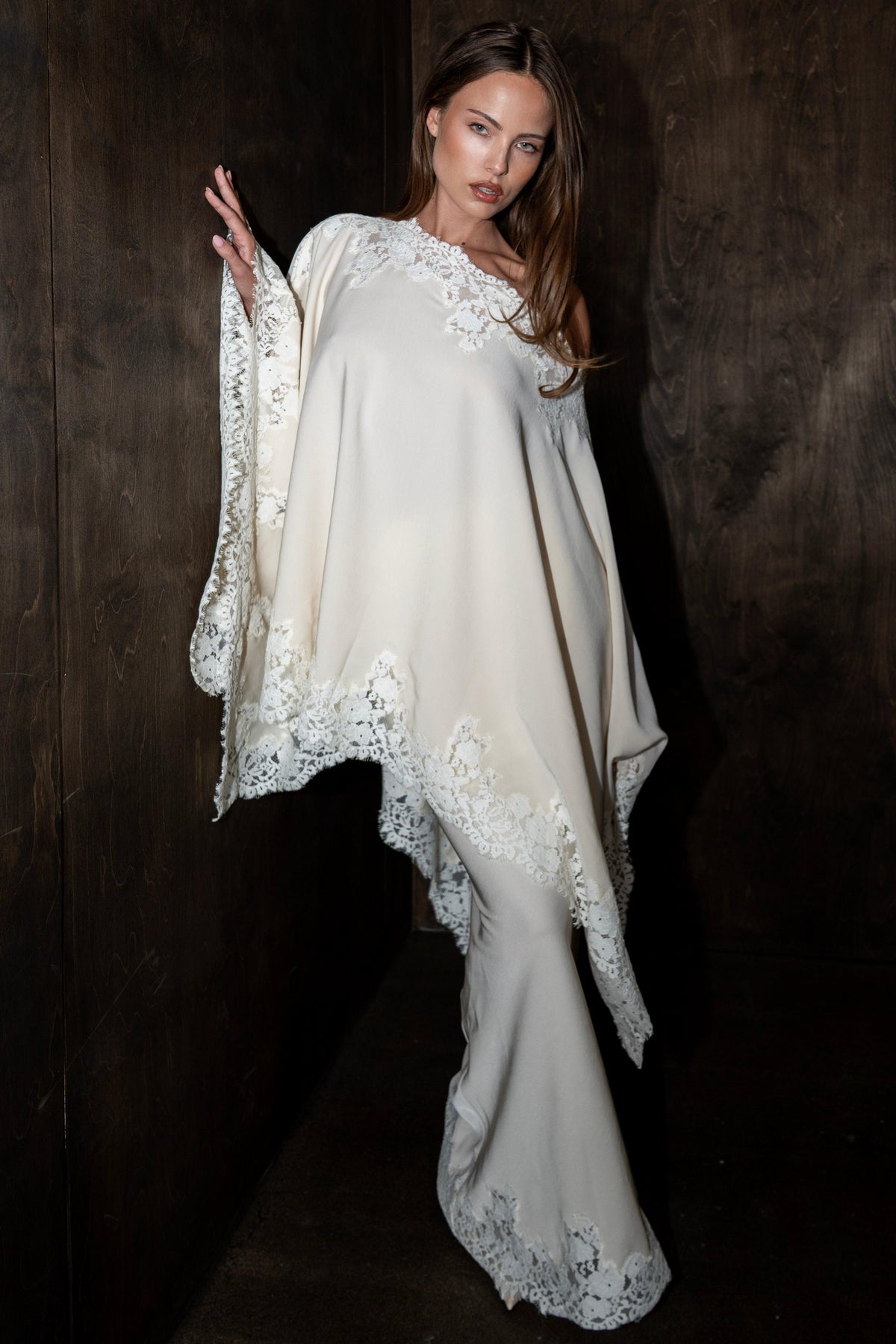 Satin Lace One Shoulder Cape & Maxi Skirt Set