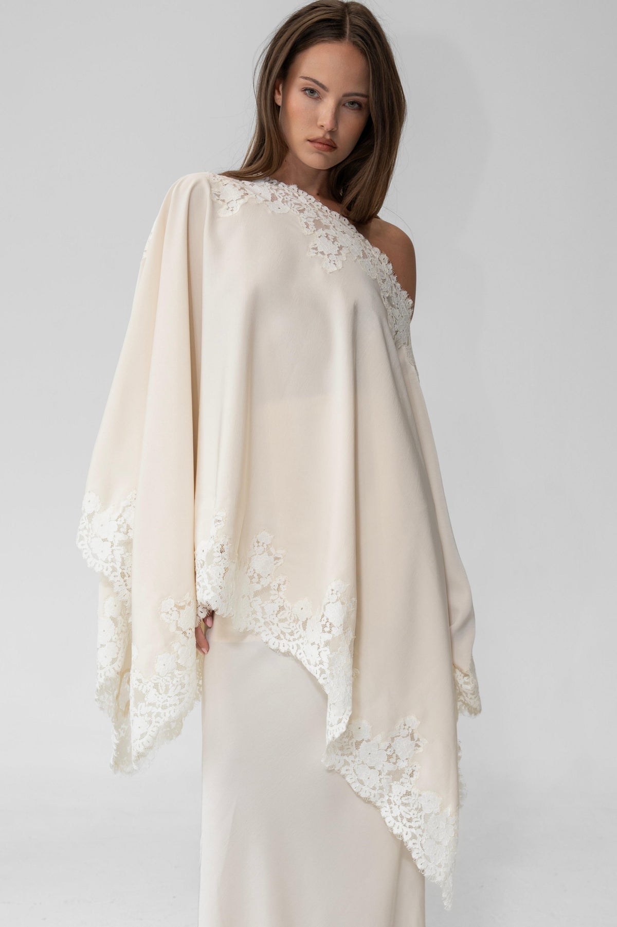 Satin Lace One Shoulder Cape & Maxi Skirt Set