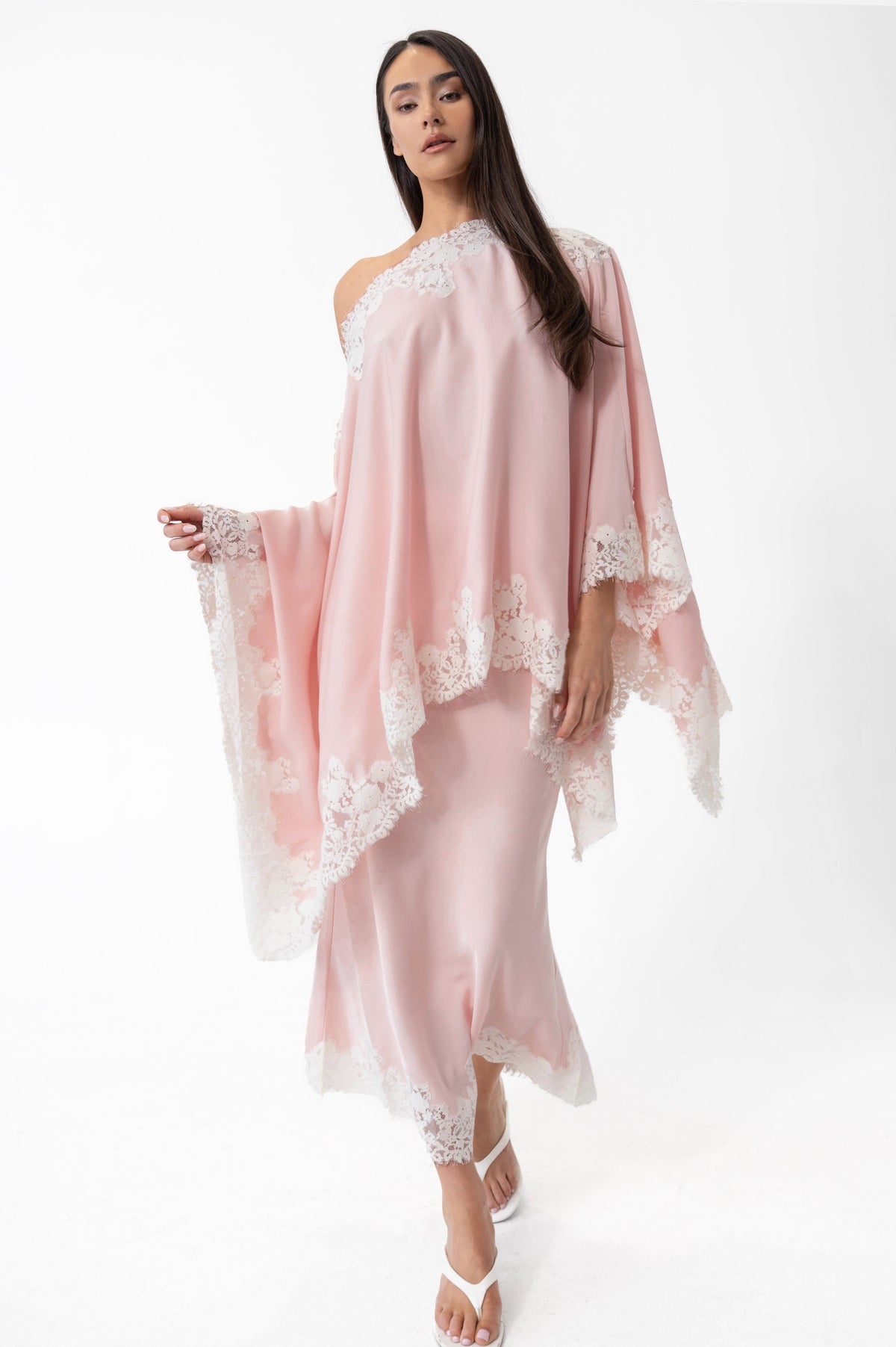 Satin Lace One Shoulder Cape & Maxi Skirt Set