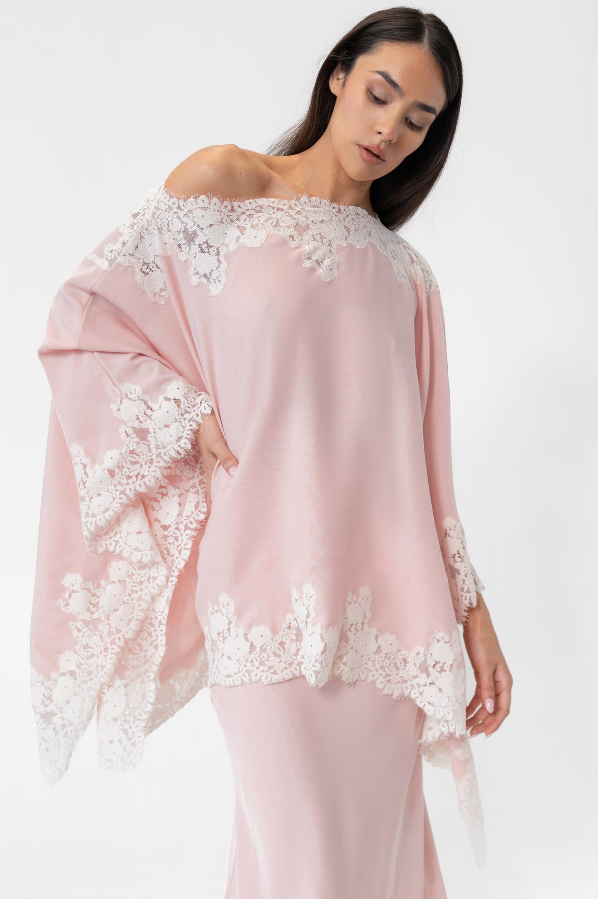 Satin Lace One Shoulder Cape & Maxi Skirt Set