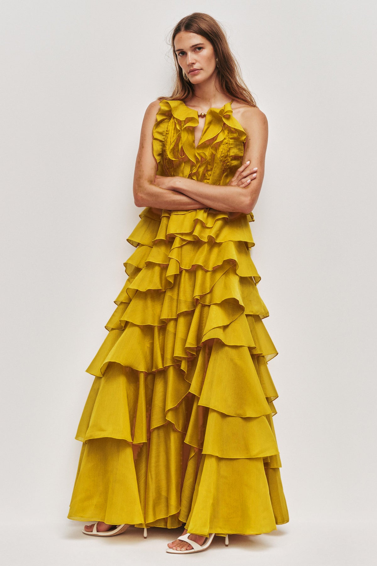 Ruffle Solid Slip Maxi Dress