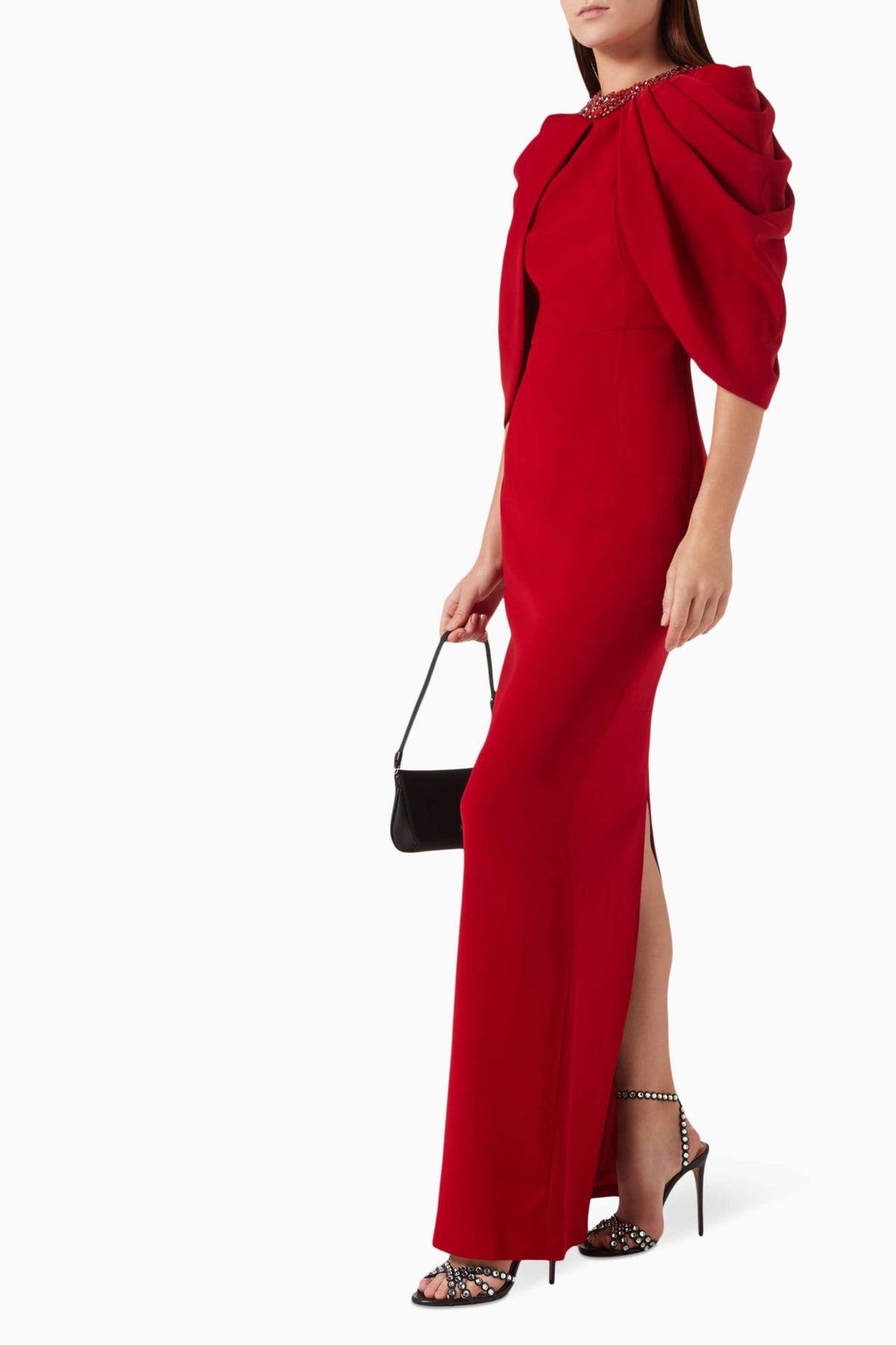 Rhinestone Rivets Ruched Cape Sleeve Maxi Dress