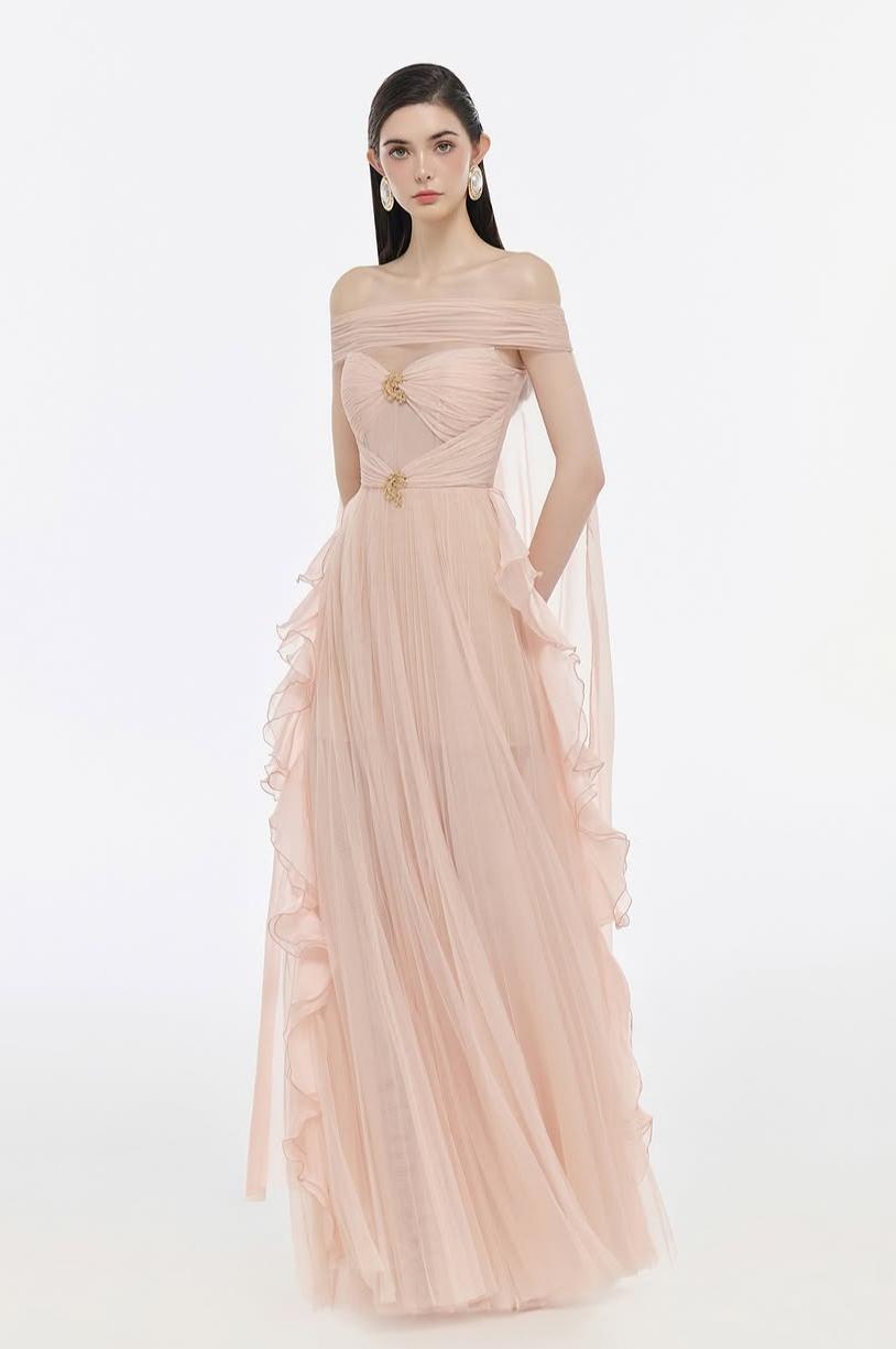 Mesh Off-Shoulder Ruffle Maxi Dress