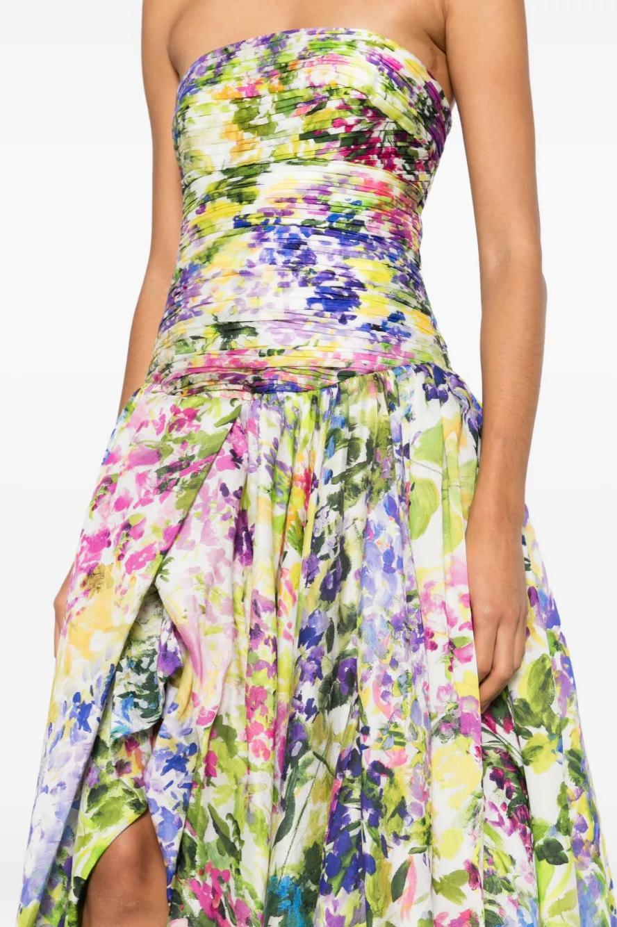 Floral Pleated Smocking Slit Maxi Dress