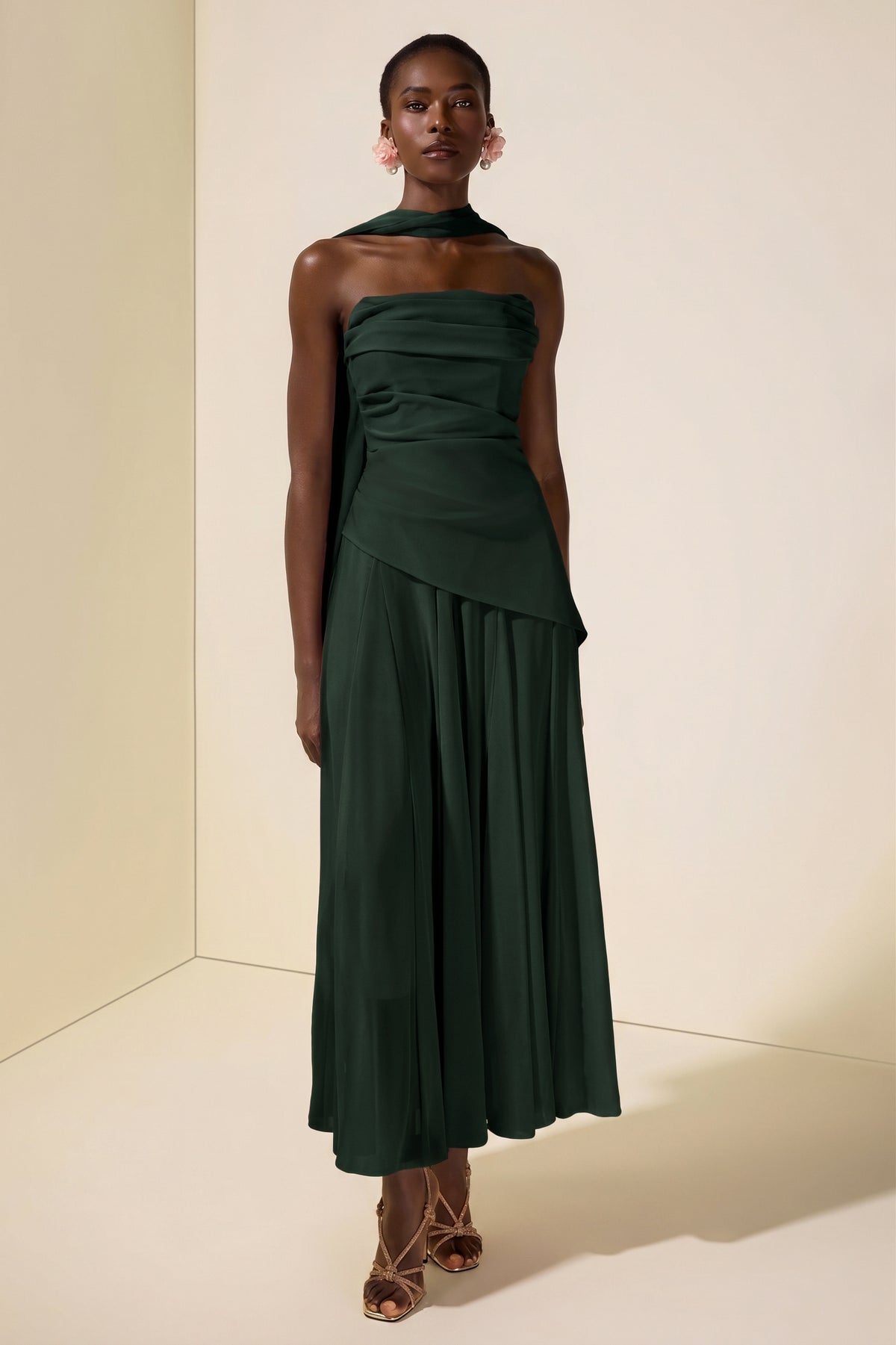 Solid Off-Shoulder Tie-Up Midi Dress