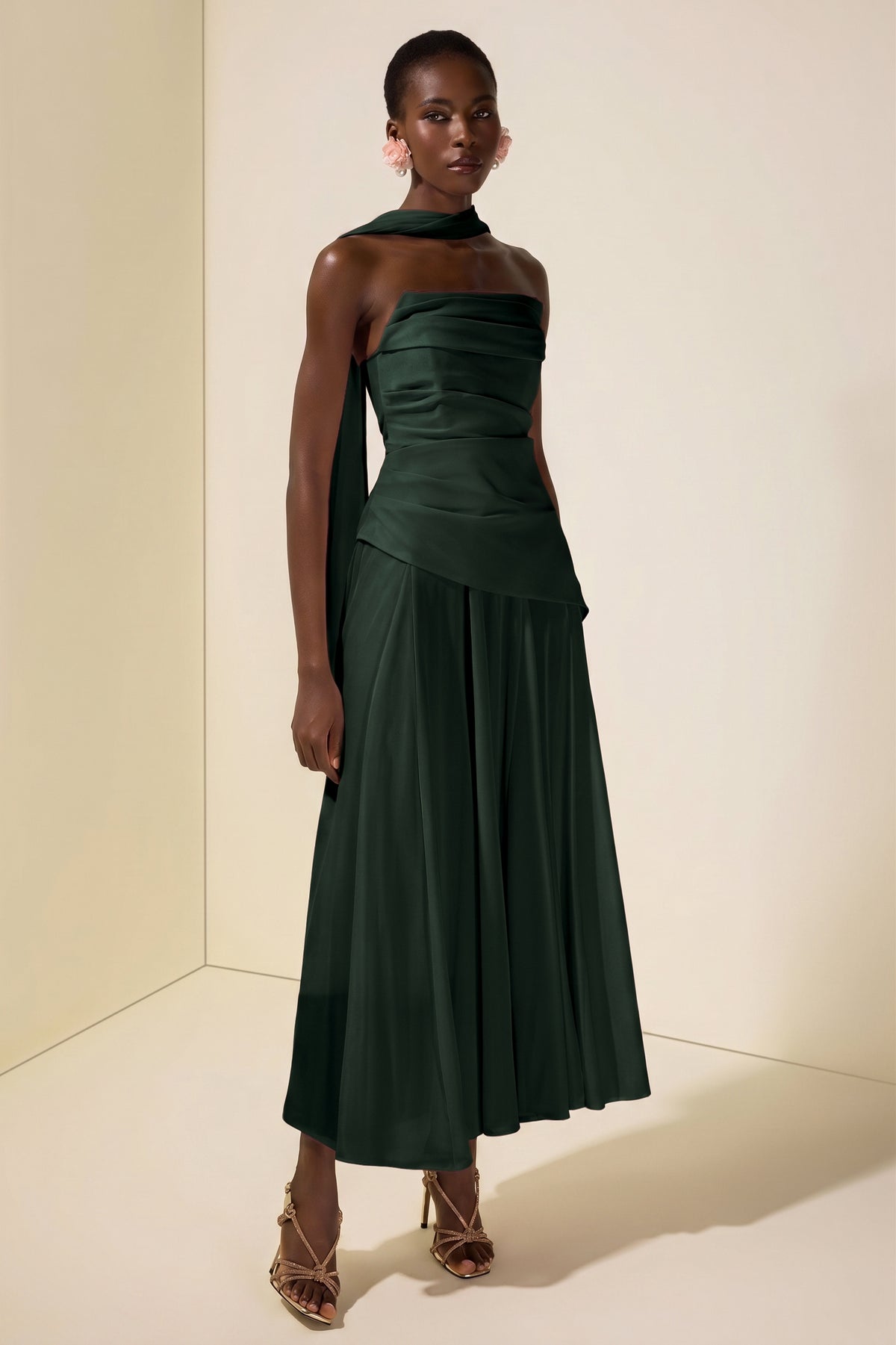 Solid Off-Shoulder Tie-Up Midi Dress