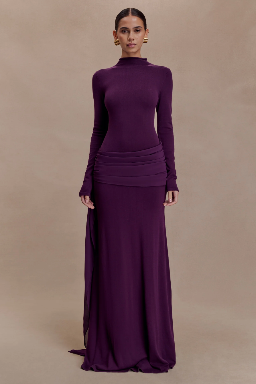 Jersey Stand Collar Long Sleeve Maxi Dress