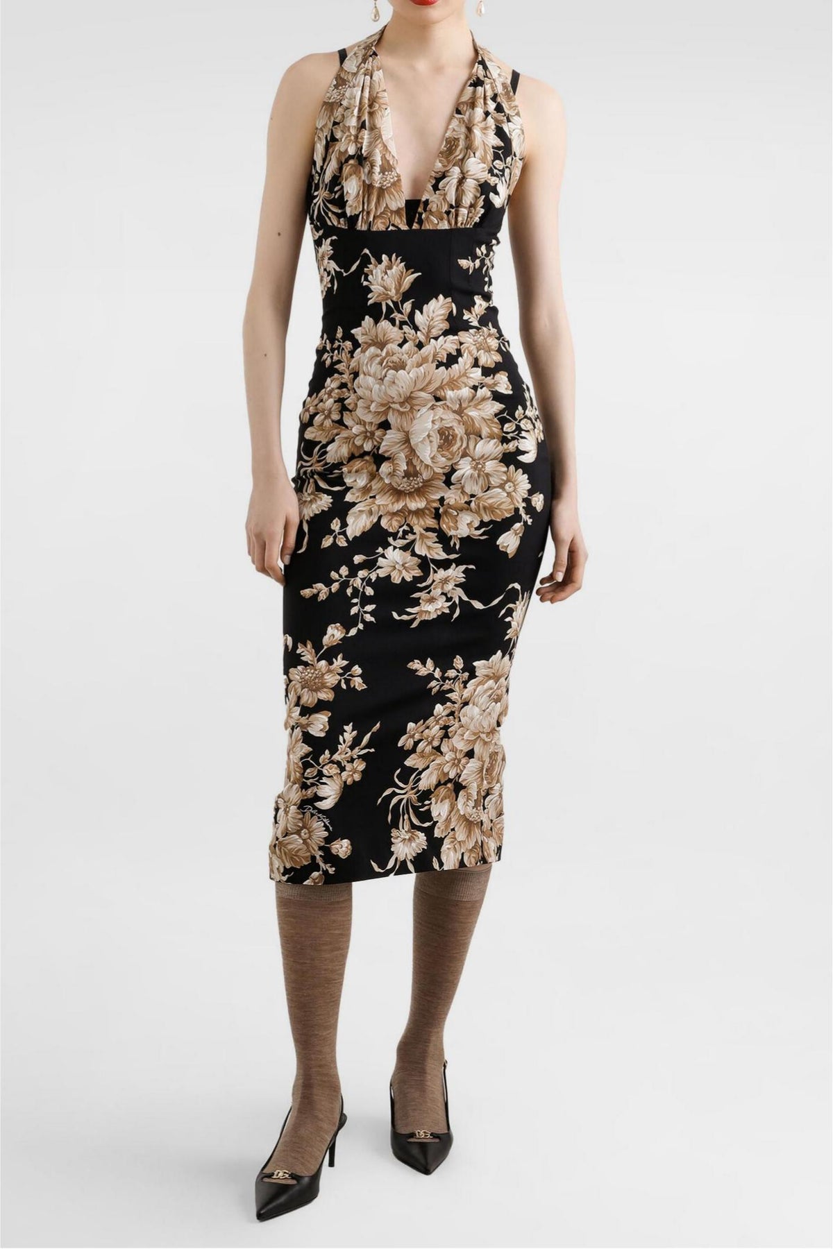 Floral Halter Neck Backless Midi Dress