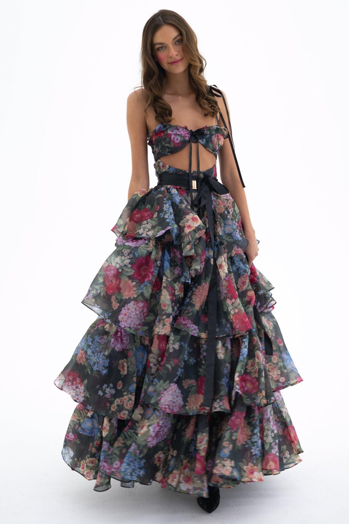 Floral Cut-Out Ruffle Mini Dress With Wrap Skirt Two Piece Set