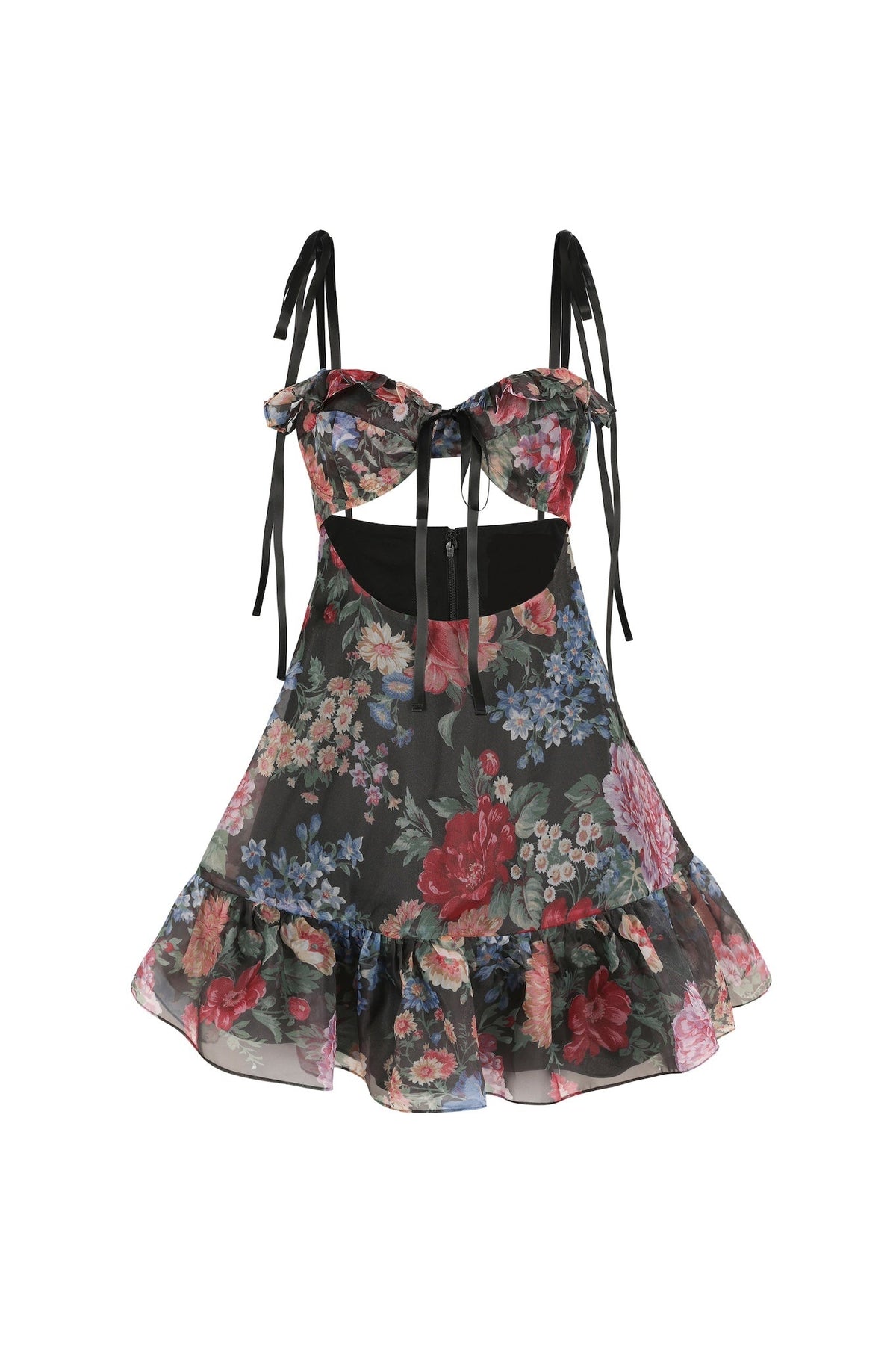 Floral Cut-Out Ruffle Mini Dress With Wrap Skirt Two Piece Set