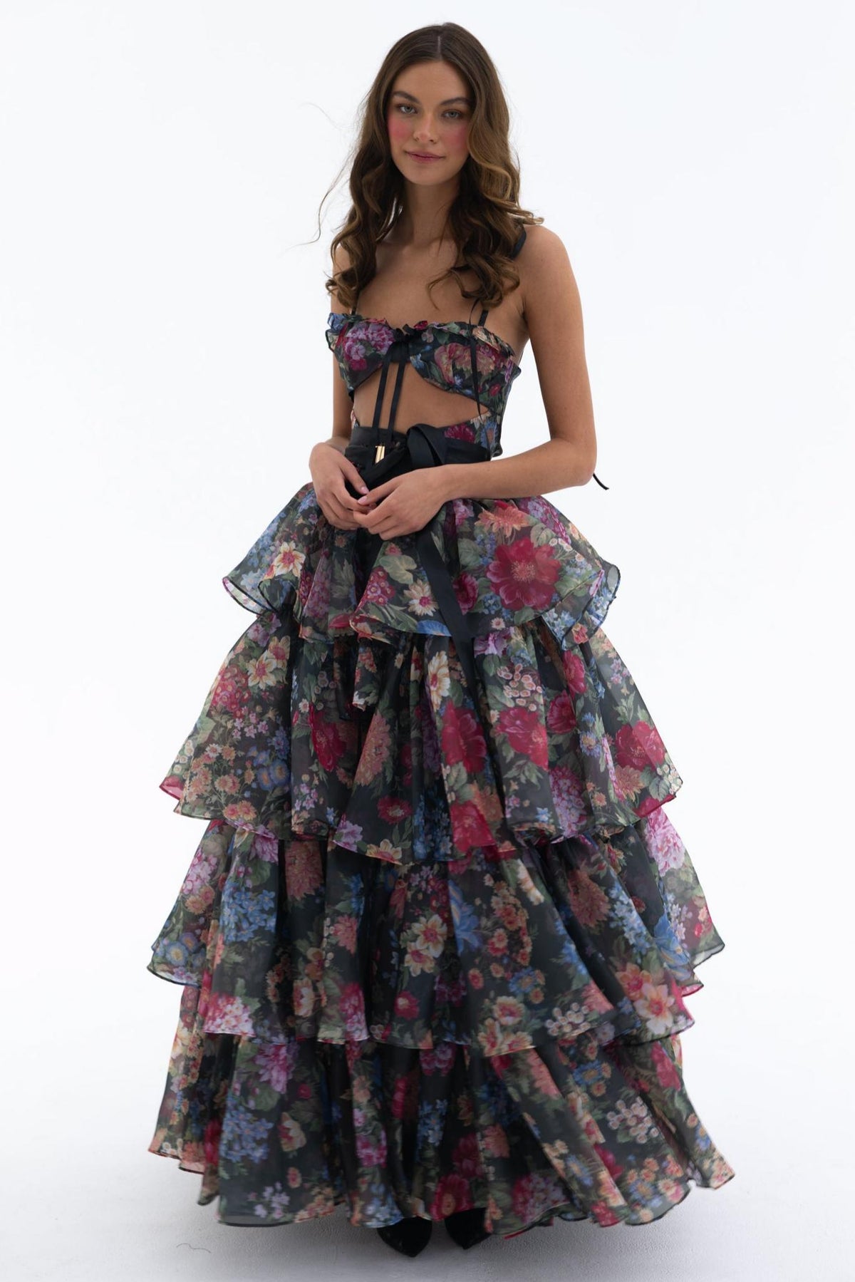 Floral Cut-Out Ruffle Mini Dress With Wrap Skirt Two Piece Set