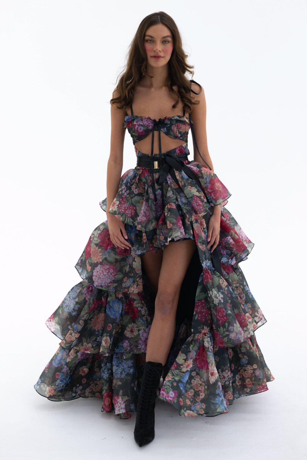 Floral Cut-Out Ruffle Mini Dress With Wrap Skirt Two Piece Set