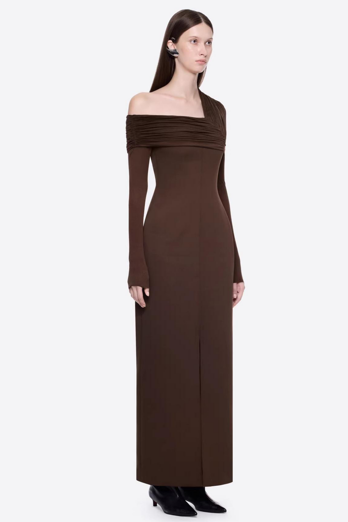 Solid One Shoulder Gathering Slit Maxi Dress