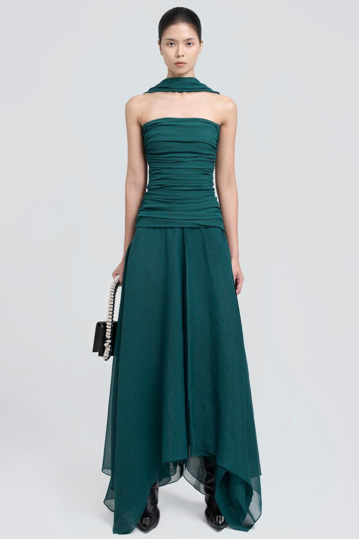 Jersey Splicing Organza Gathering Maxi Dress