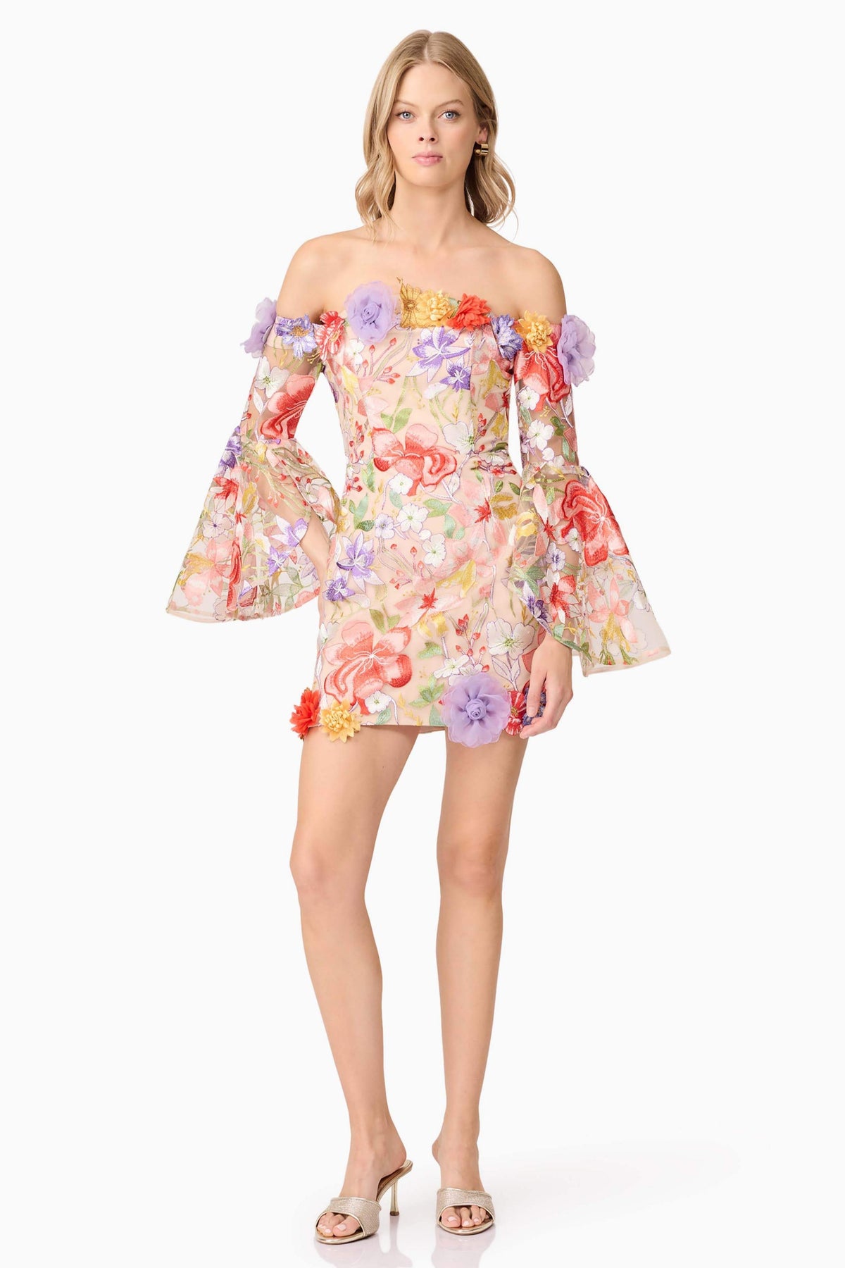 Embroidered 3D Flower Off-Shoulder Mini Dress