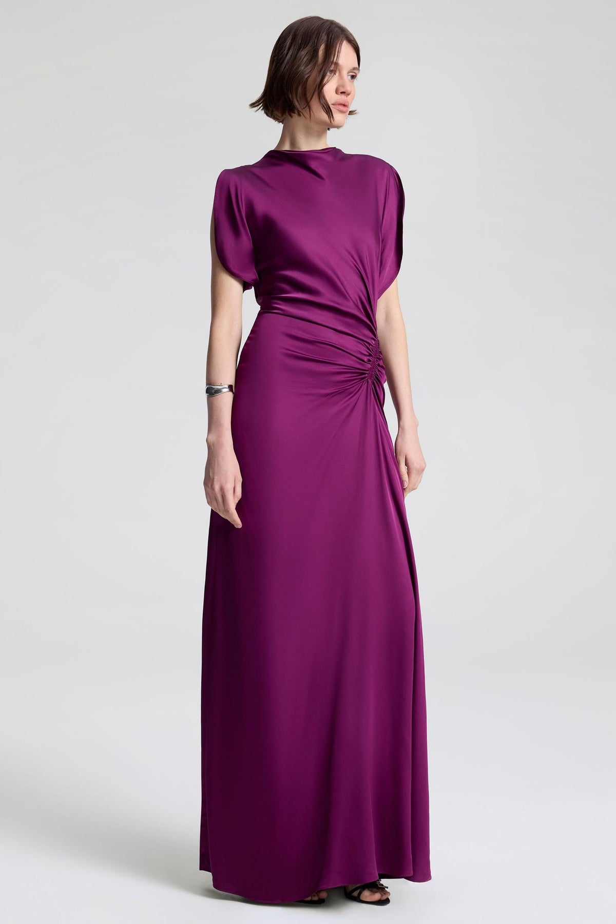 Satin Solid Ruched Maxi Dress