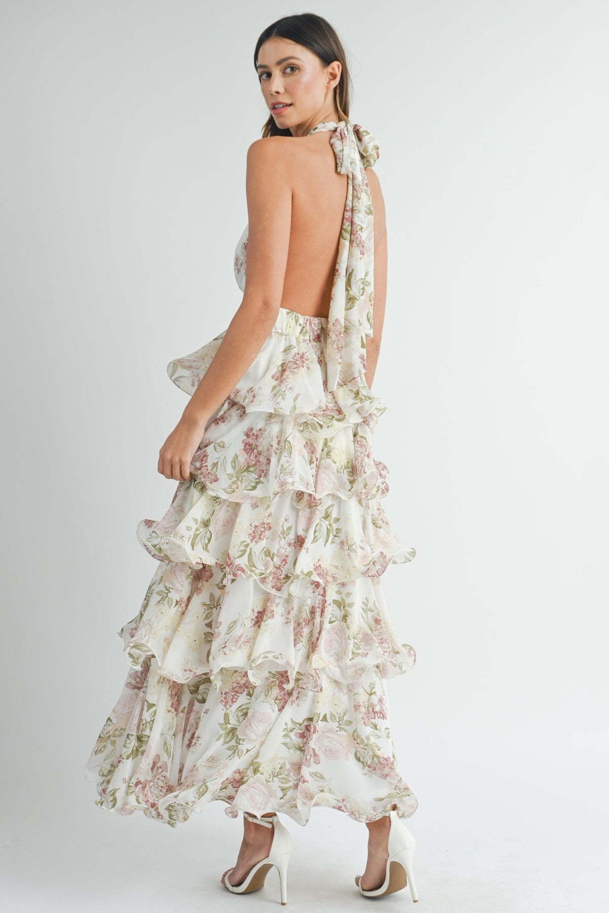 Floral Ruffle Halter Neck Midi Dress