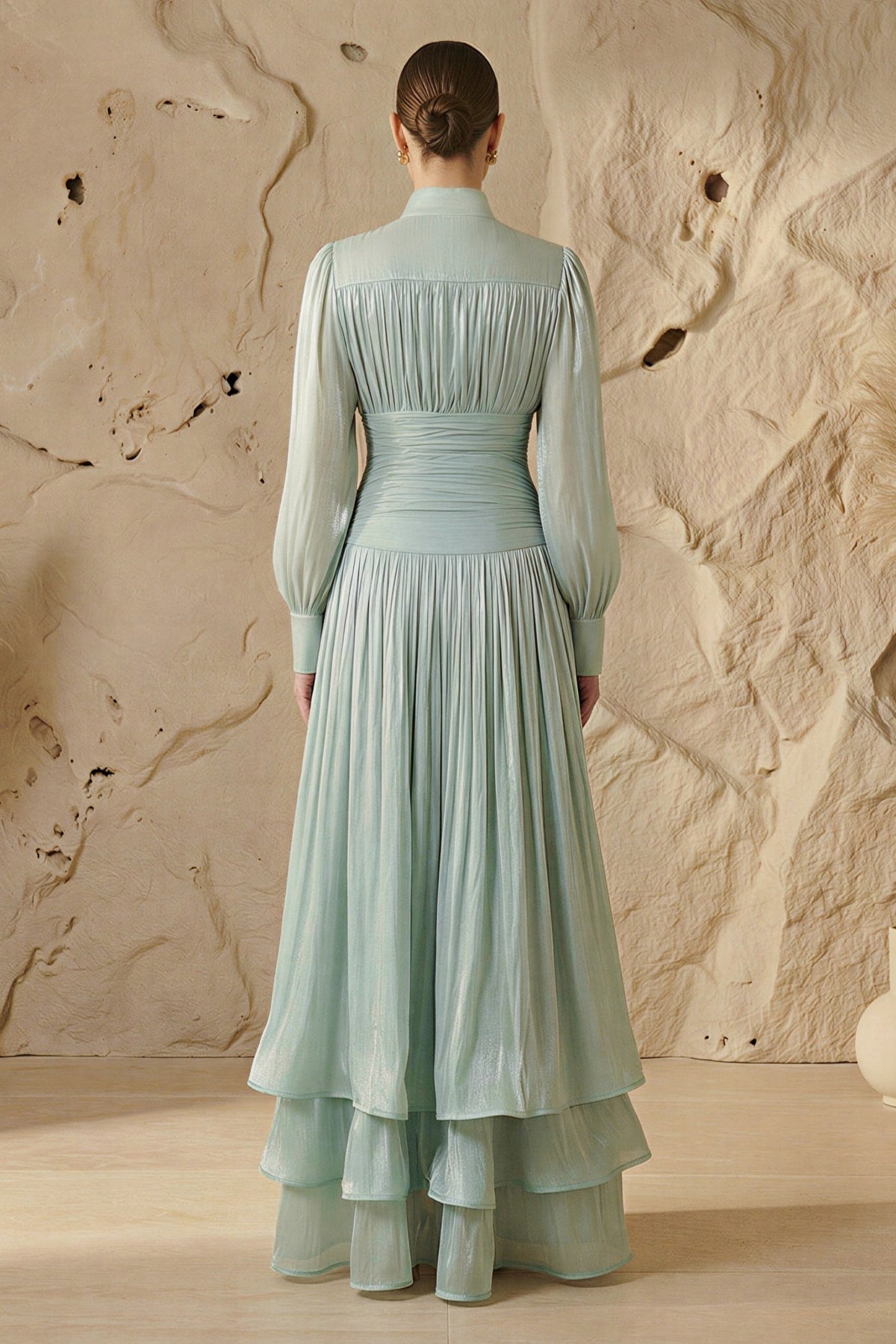 Satin Ruffle Lantern Sleeve Midi Dress