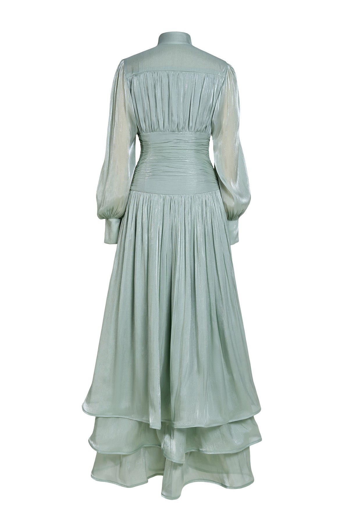 Satin Ruffle Lantern Sleeve Midi Dress