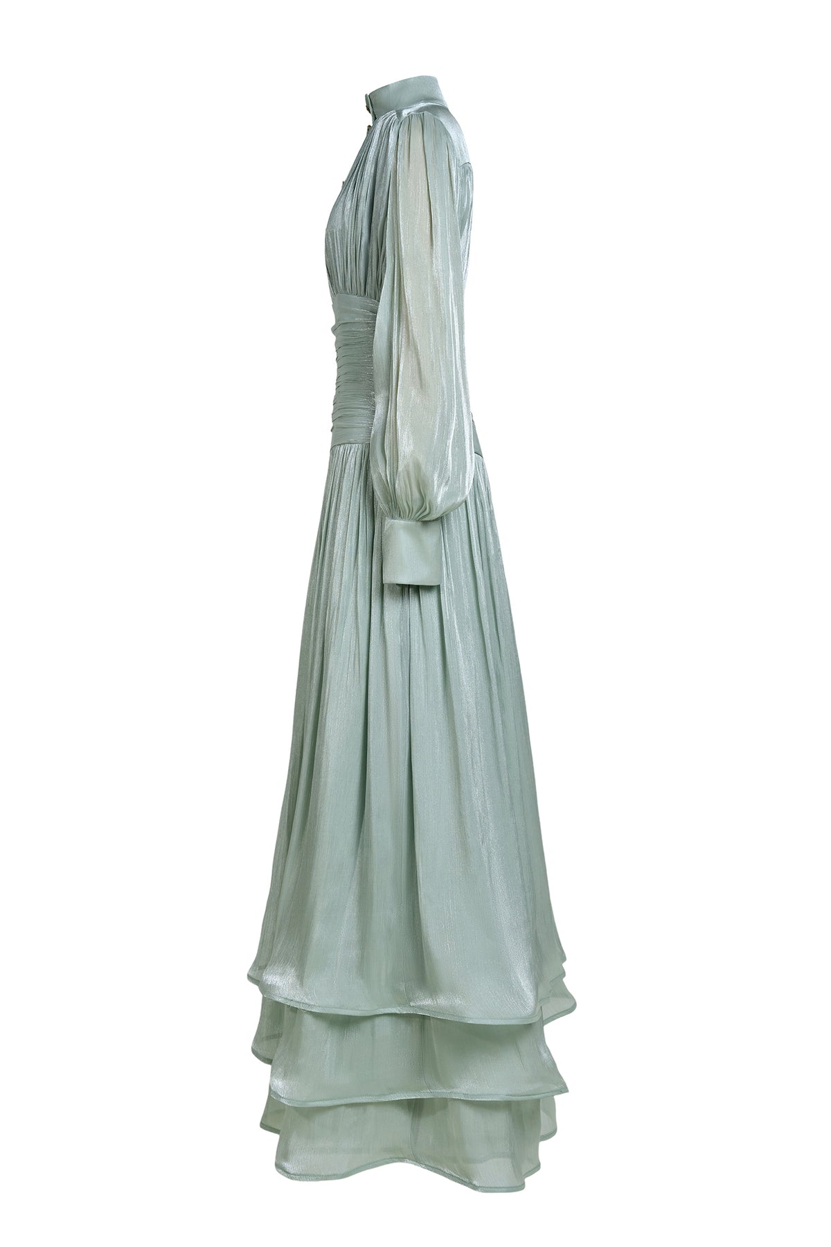 Satin Ruffle Lantern Sleeve Midi Dress