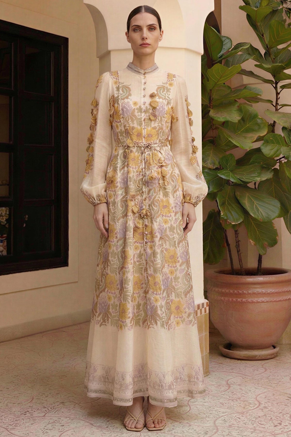 Floral Beaded Single Breasted Maxi Dress