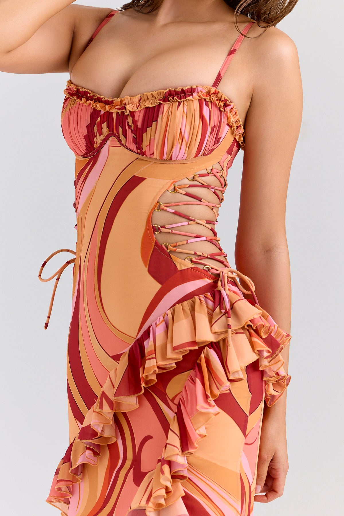 Abstract Print Tie-Up Ruffle Maxi Dress