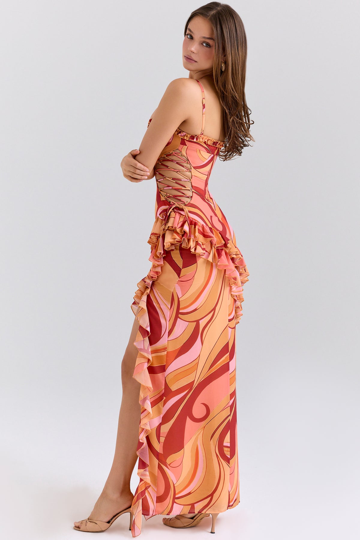 Abstract Print Tie-Up Ruffle Maxi Dress