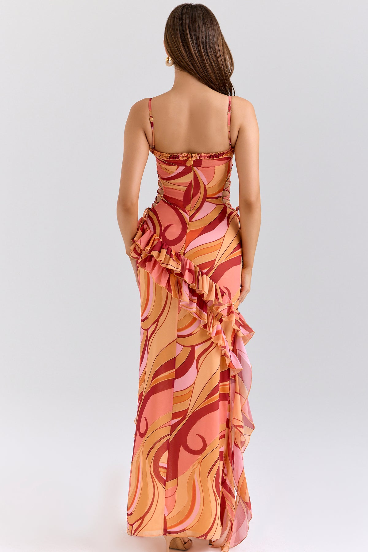 Abstract Print Tie-Up Ruffle Maxi Dress