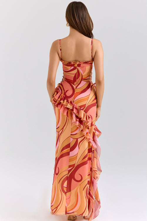 Abstract Print Tie-Up Ruffle Maxi Dress