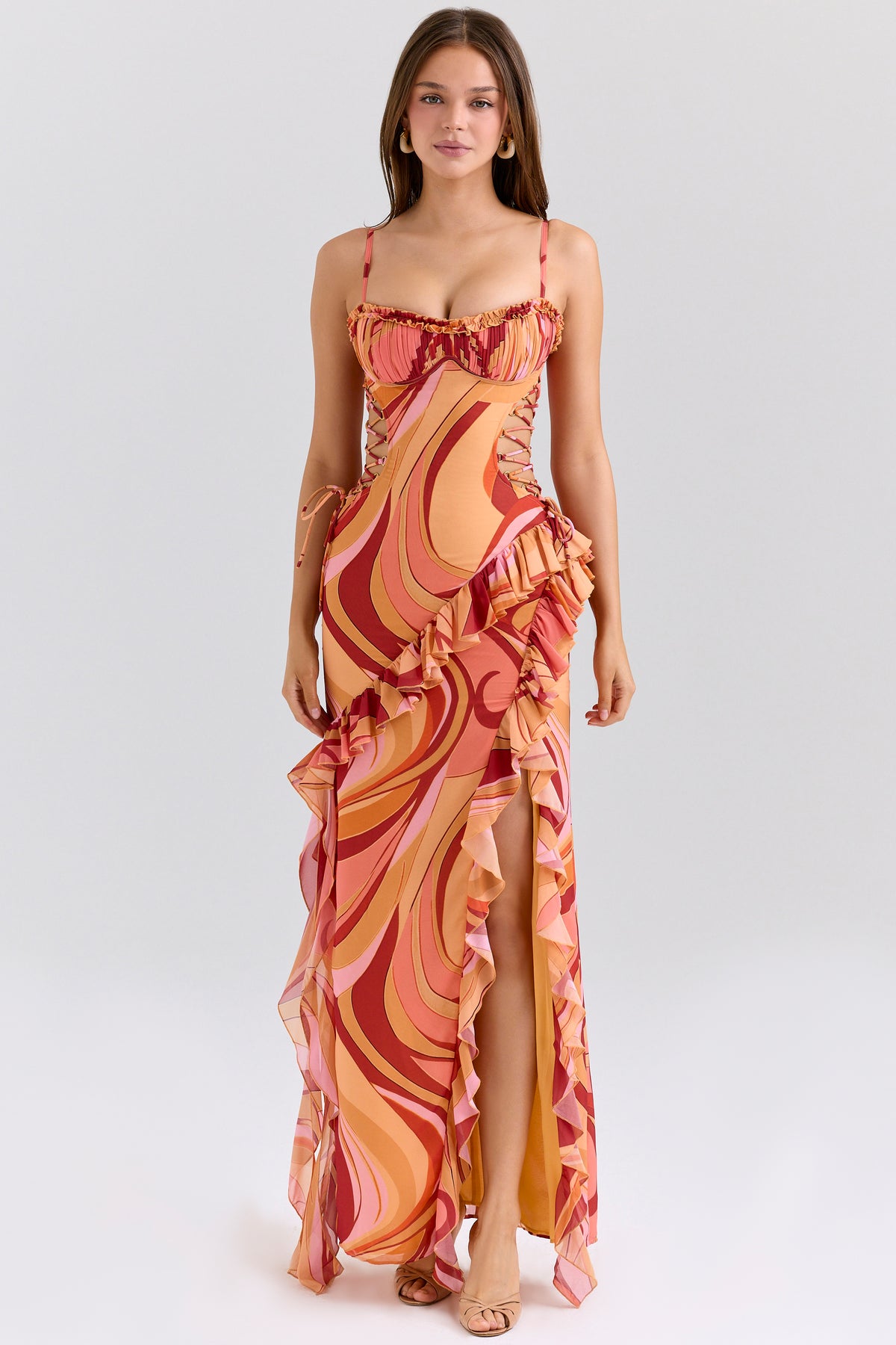 Abstract Print Tie-Up Ruffle Maxi Dress