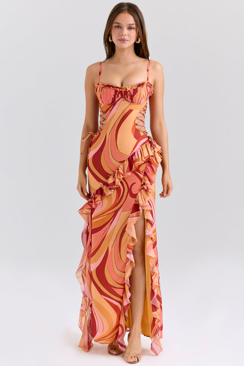 Abstract Print Tie-Up Ruffle Maxi Dress