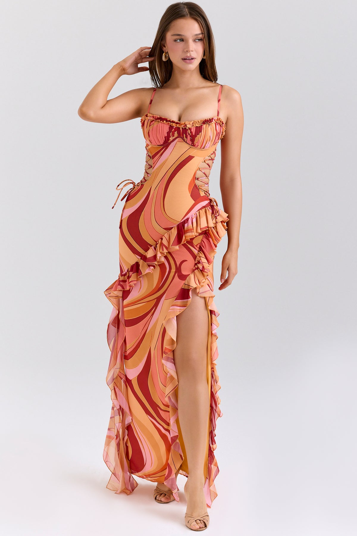 Abstract Print Tie-Up Ruffle Maxi Dress