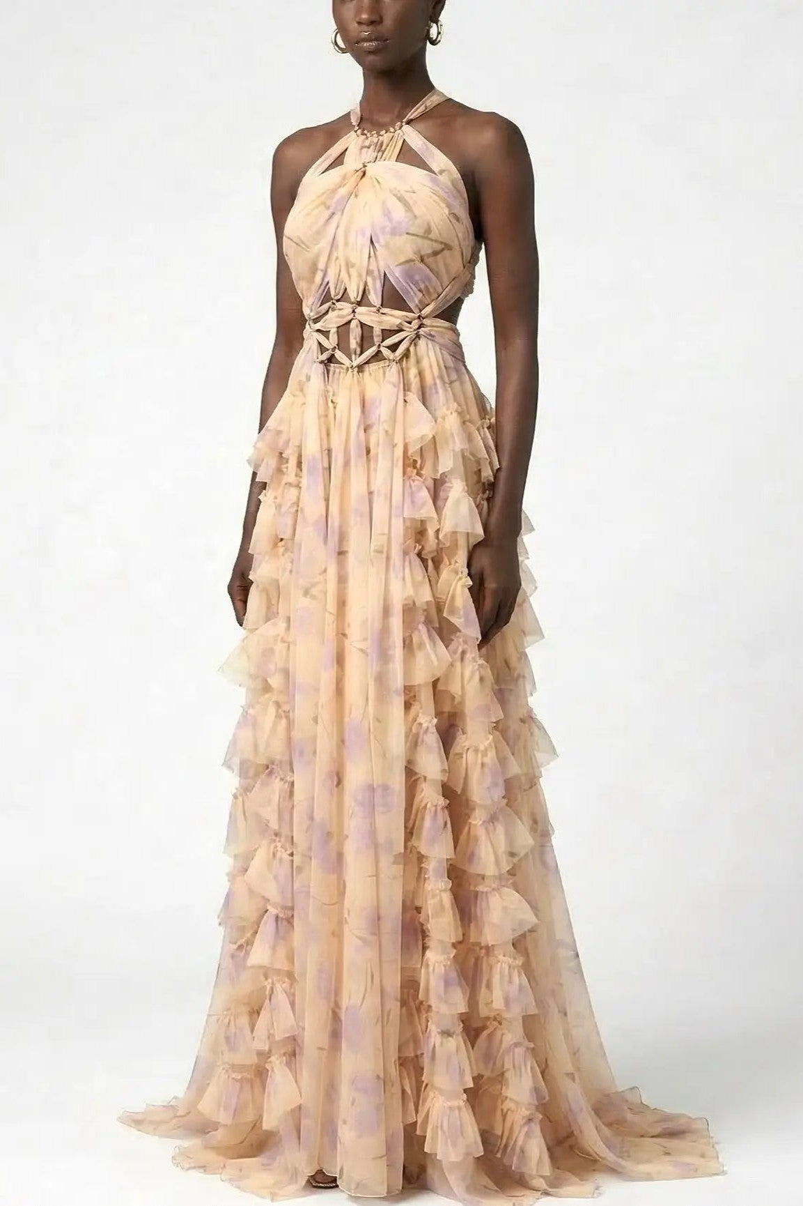 Floral Halter Neck Ruffle Maxi Dress
