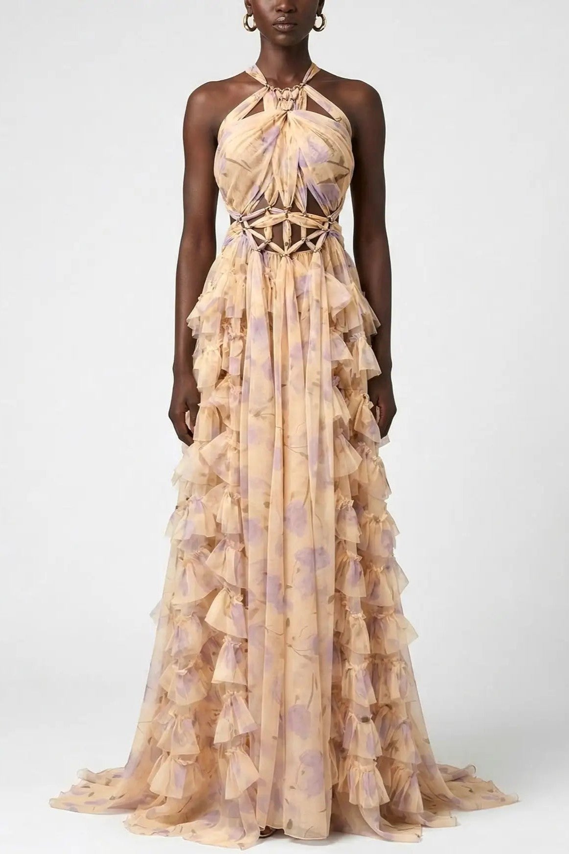 Floral Halter Neck Ruffle Maxi Dress
