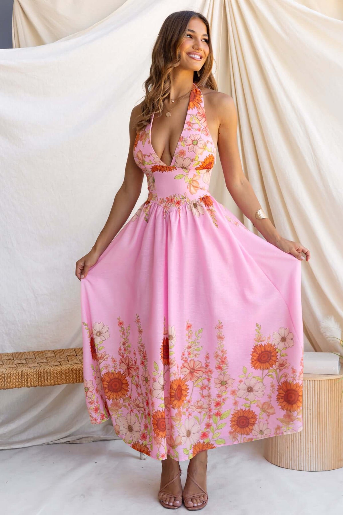 Floral Halter Neck Backless Midi Dress