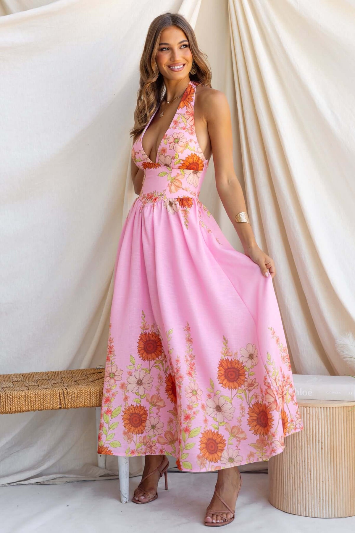 Floral Halter Neck Backless Midi Dress