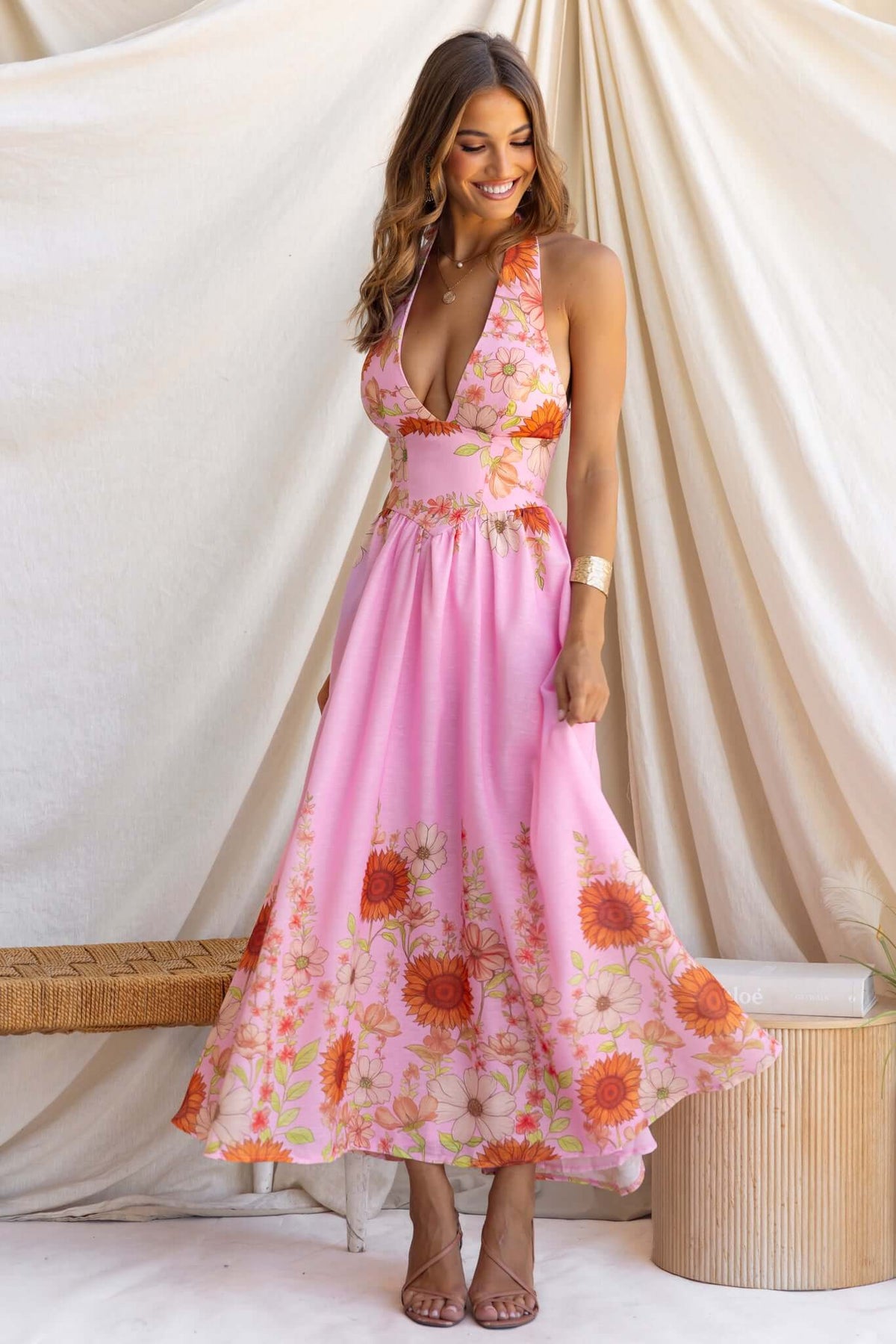 Floral Halter Neck Backless Midi Dress