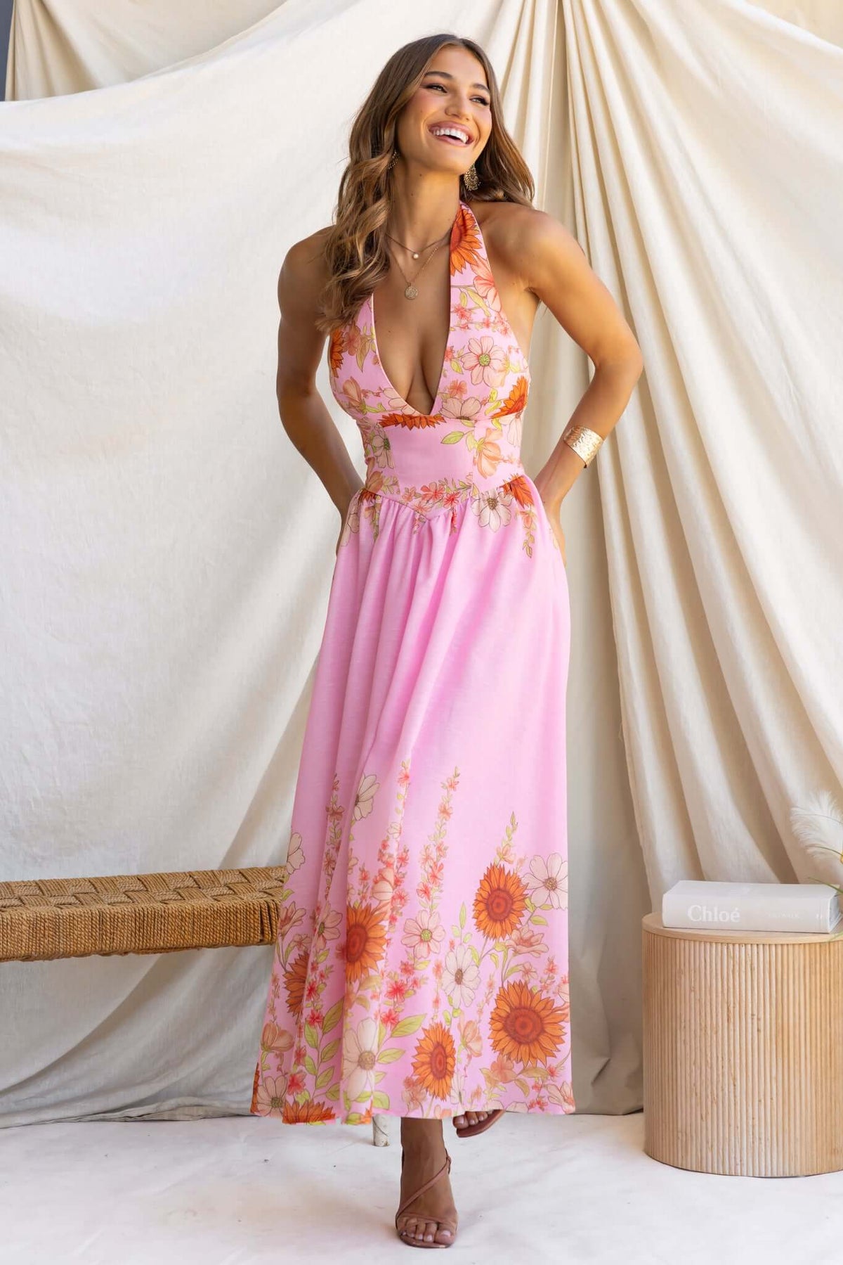 Floral Halter Neck Backless Midi Dress