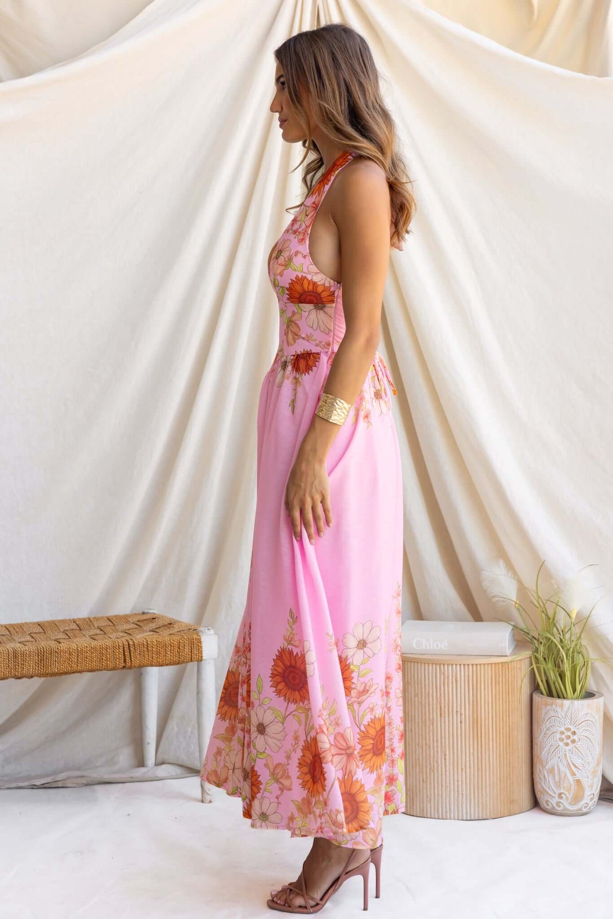 Floral Halter Neck Backless Midi Dress