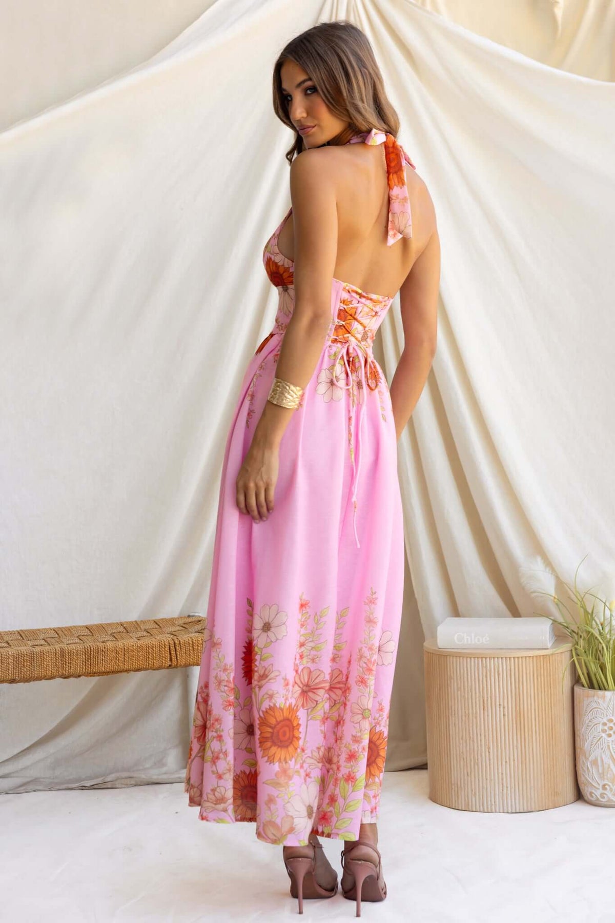 Floral Halter Neck Backless Midi Dress