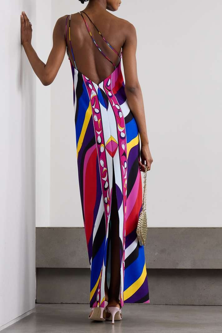 Geometric Patterns One Shoulder Backless Midi Dress
